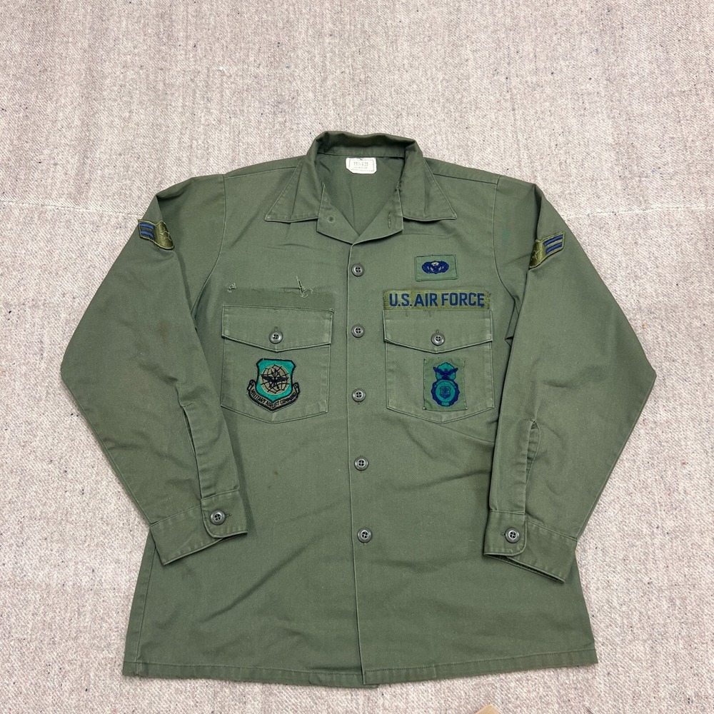 Vintage OG 107 Button Up Shirt Mens Medium Green 1970s Us Air Force Patches